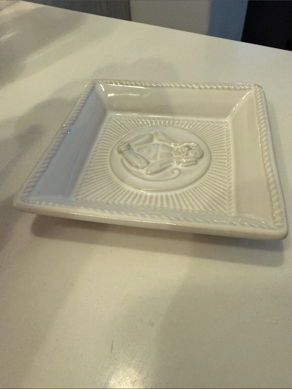 Juliska Cream Ceramic Square Dish with Monkey Medallion- Hear No Evil